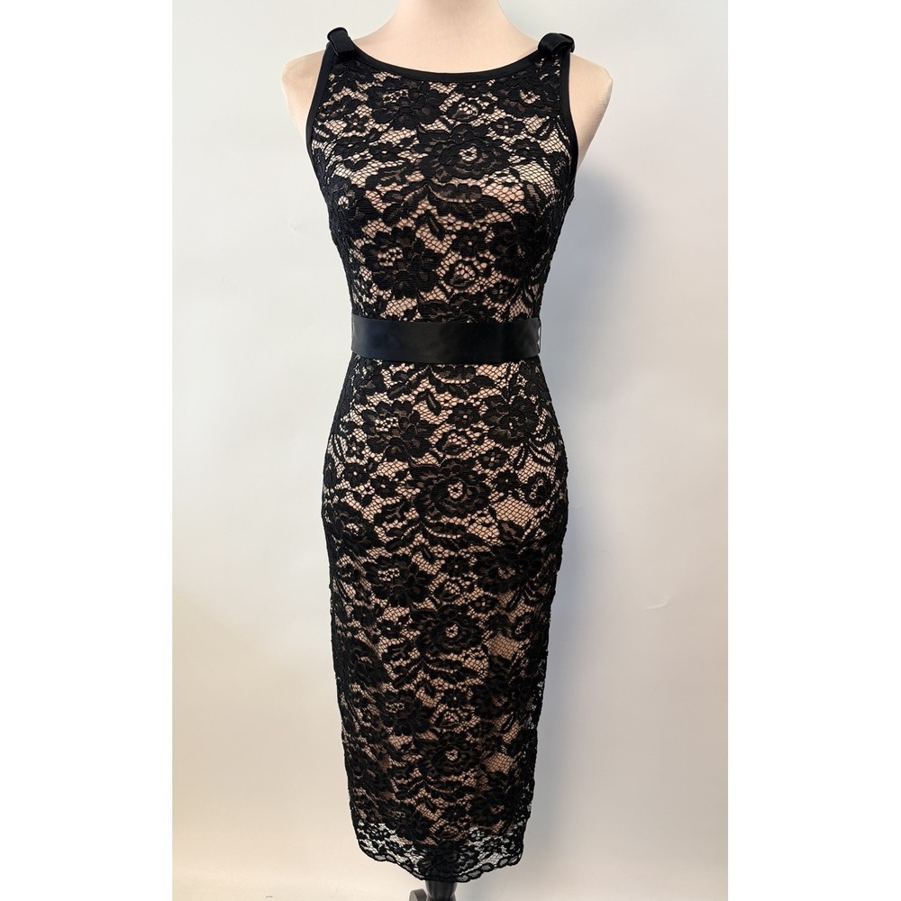 ABS by Allen Schwartz Black Lace Overlay Dress Sz 4 Midi Bodycon Cocktail Gothic
